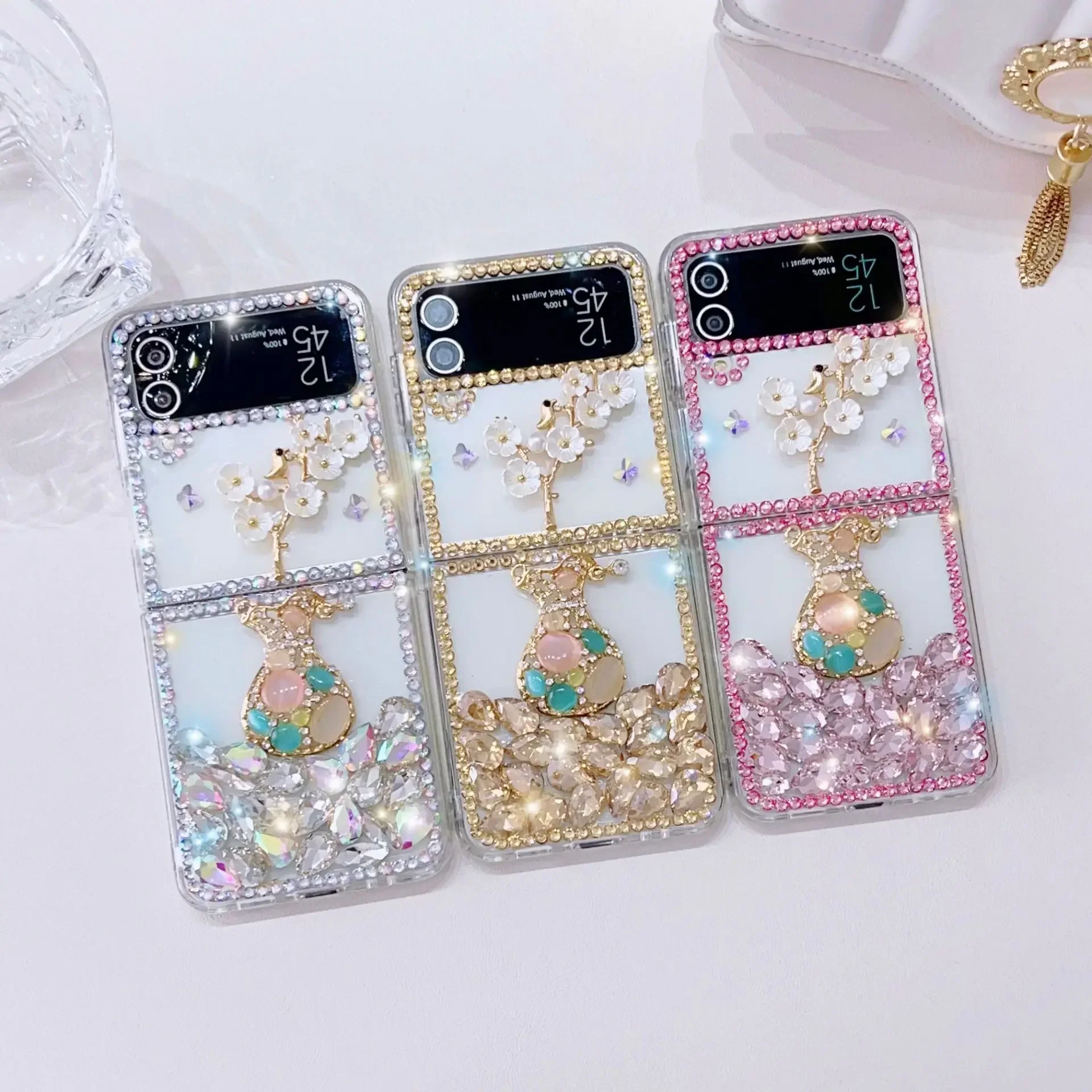 Luxury Rhinestone Case for Samsung Z Flip, Wine Bottle Bling, Crystal Flower, Diamond Phone Cover, Flip2 Flip3 Flip4 Flip5