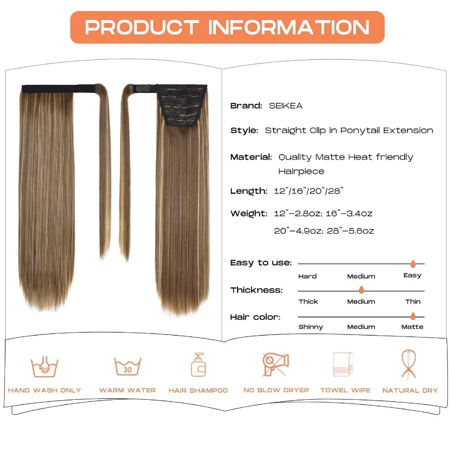 Clipin-extensión de cola de caballo envolvente, cola de caballo larga y recta, postizo sintético suave Natural para mujer, 28 pulgadas, marrón, Rubio ceniza