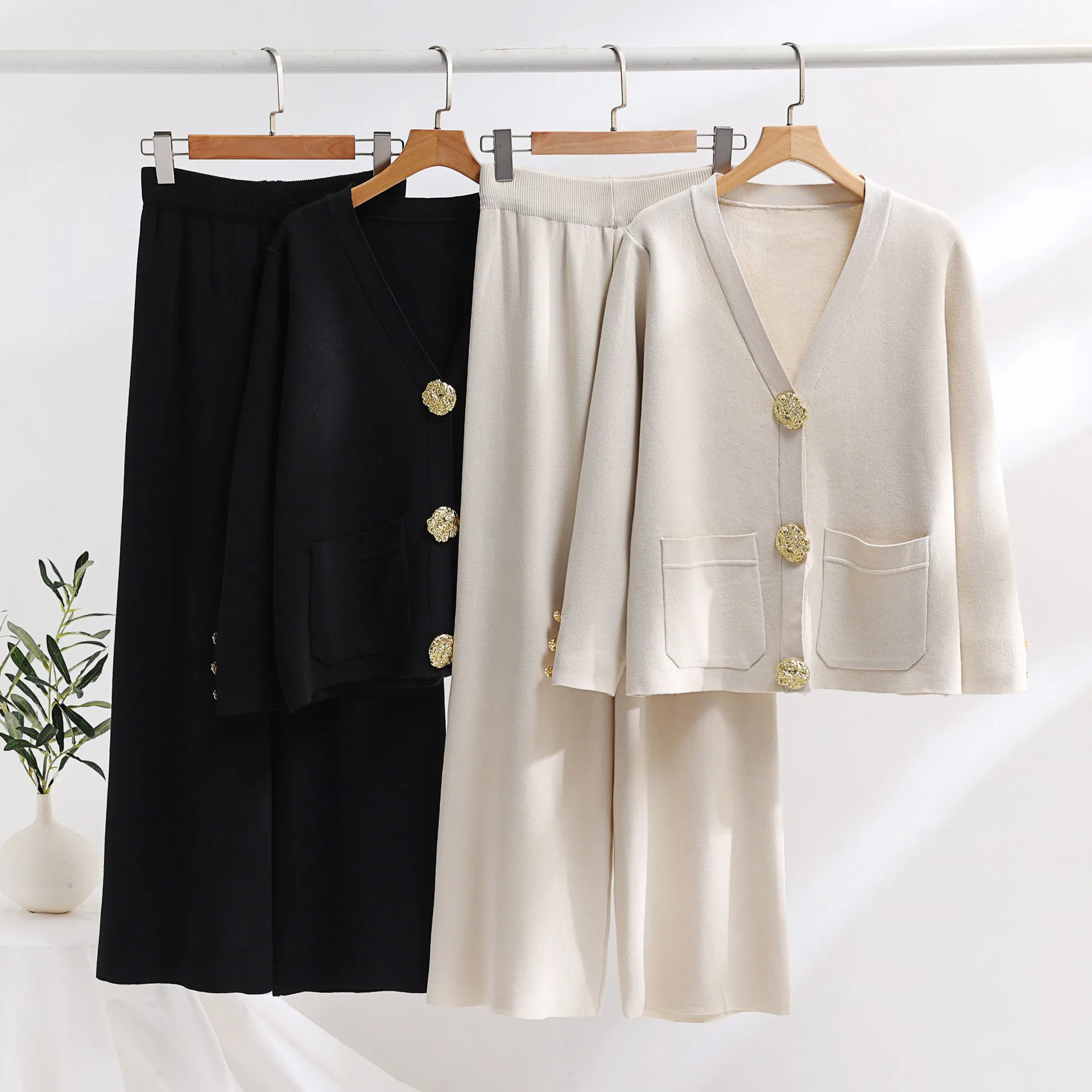 

Autumn Knitted Matching Set For Women American V-neck Chic Gold Button Sweater Cardigan Straight Leg Pants Two Pieces Sets
