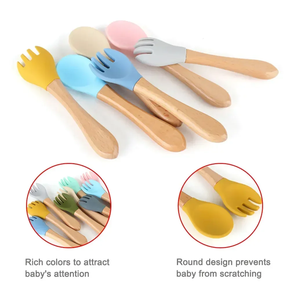 Faia Madeira Alimentação Colher para Crianças, Silicone Fork, Acessórios para Alimentação Infantil, BPA Free Talheres, 2pcs