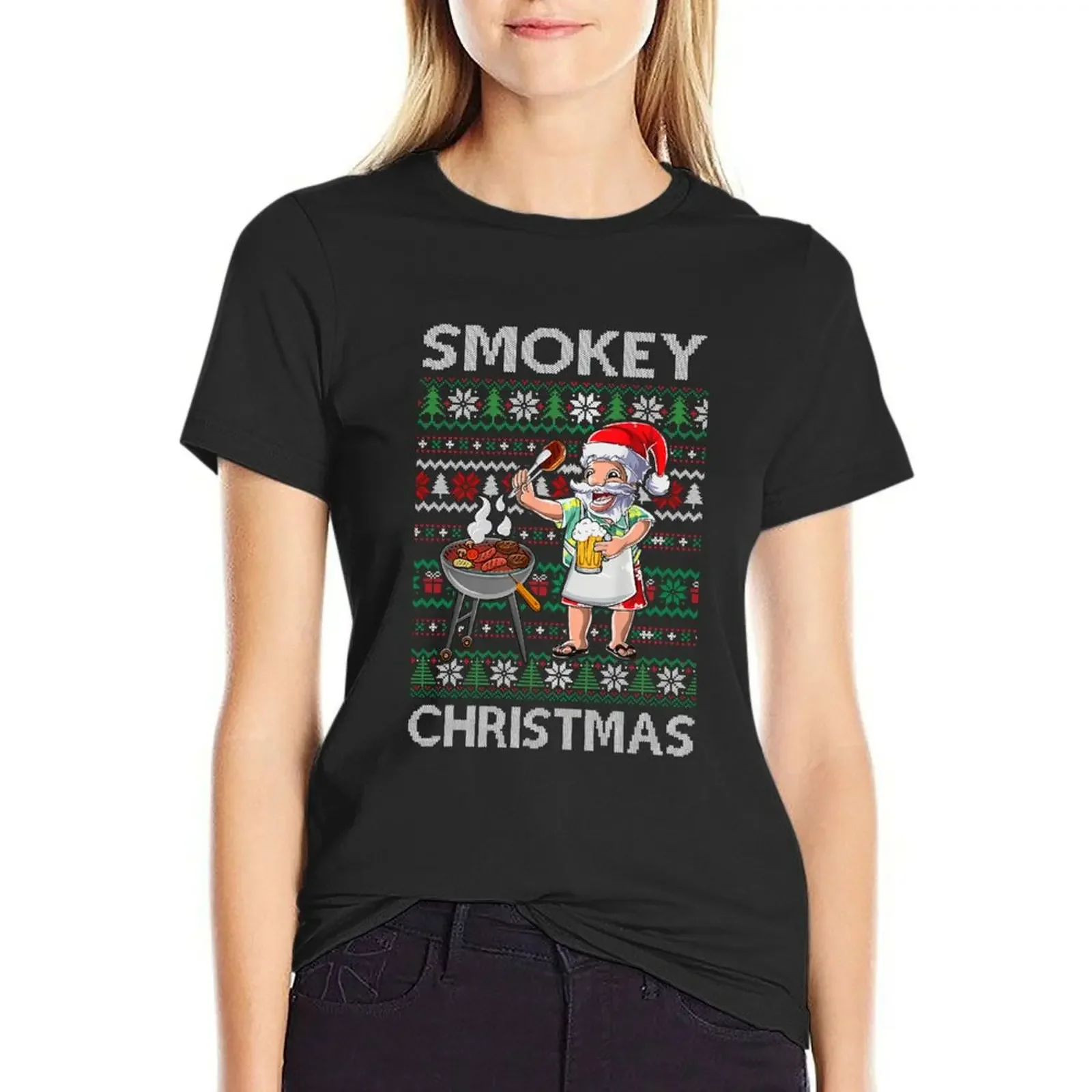 Funny Santa Grilling Roast On Smoker BBQ Ugly Smokey Christmas T-Shirt hippie clothes female designer clothes Women luxury