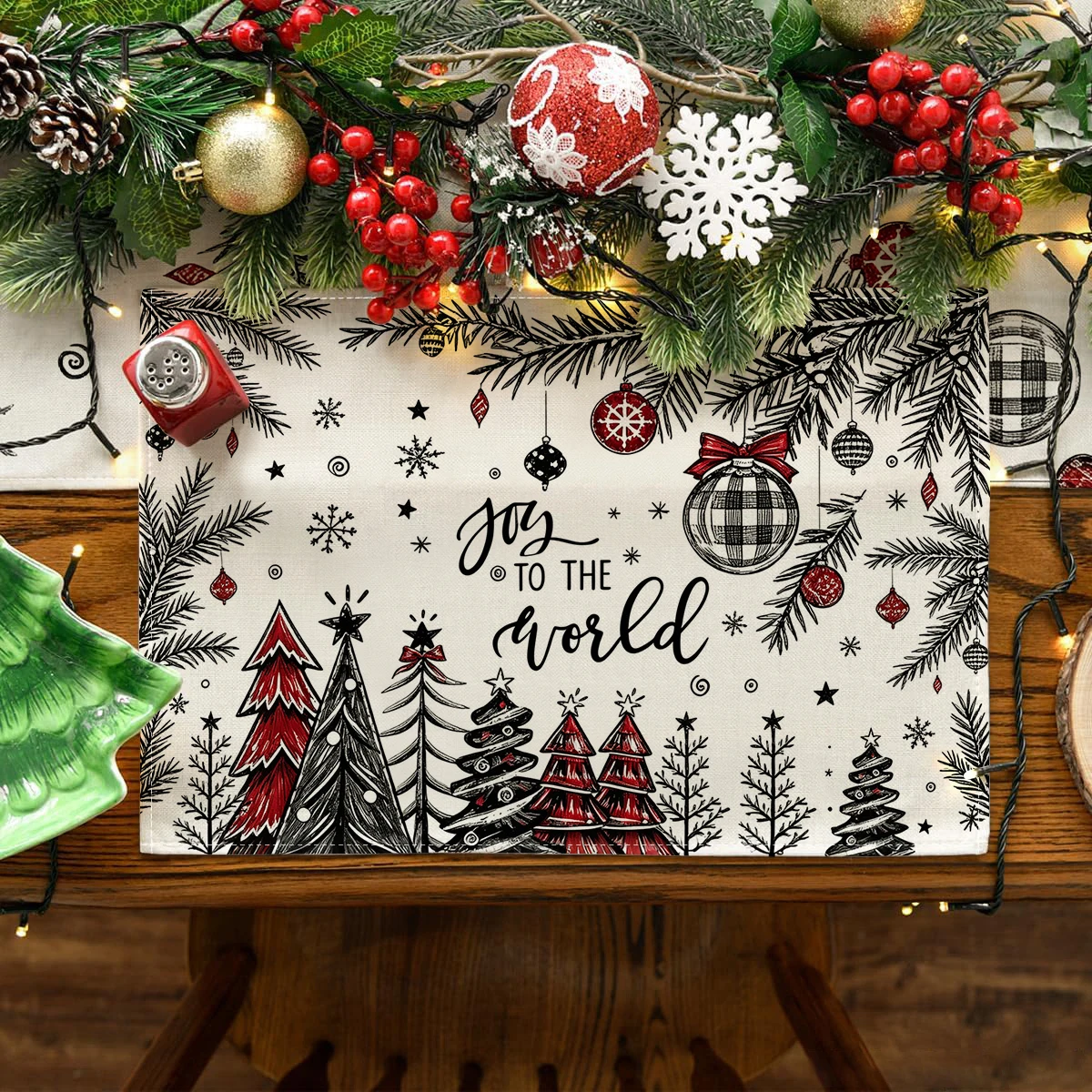4/5/7Pcs Christmas Table Runner Placemats, Joy to The World Xmas Tree Snowflake 12x18 Inch Heat Resistant Mats Home Party Decor