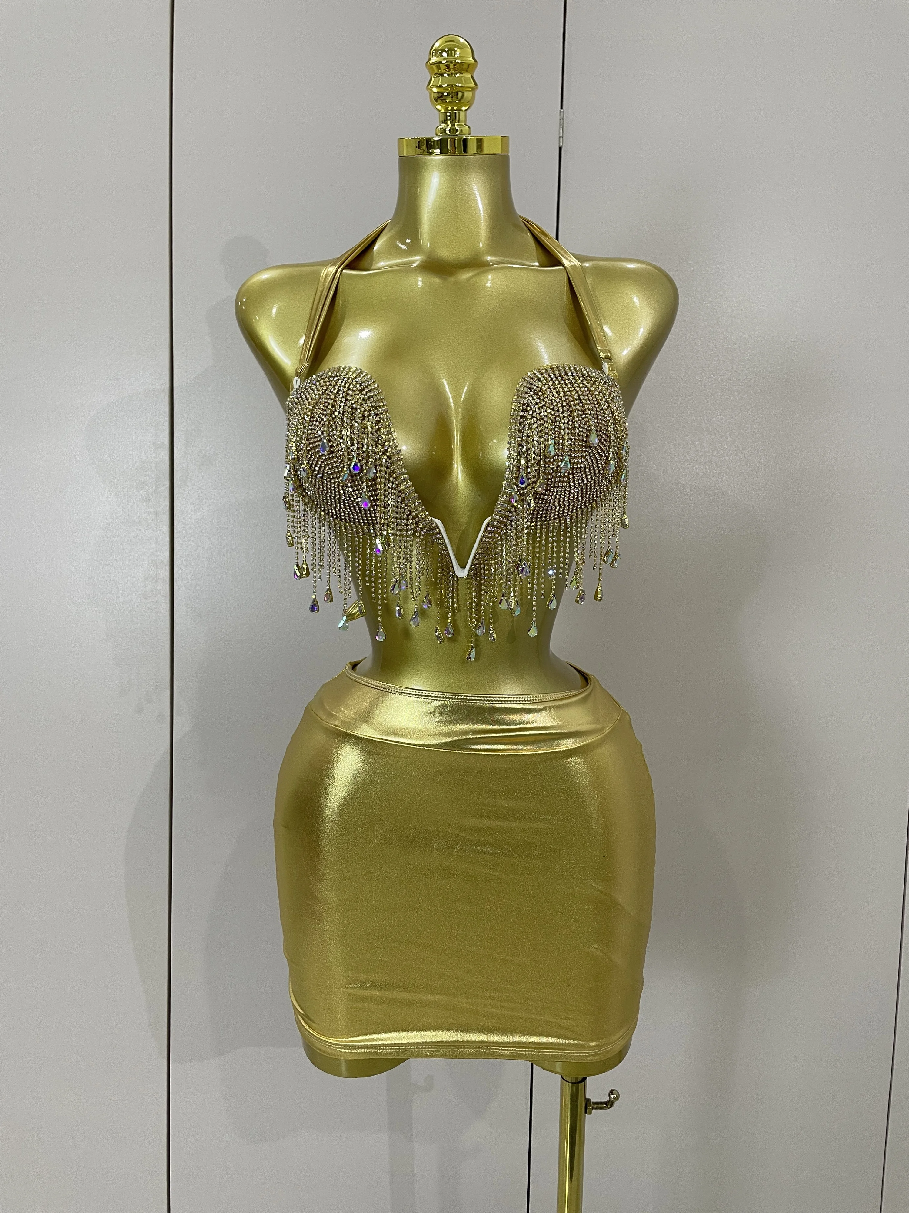 Luxury Shiny Diamond Chain Top Mini Dress Two Pieces Women Eveing Celebrate Party NightClub Festival Outfit Sexy Stage Costume