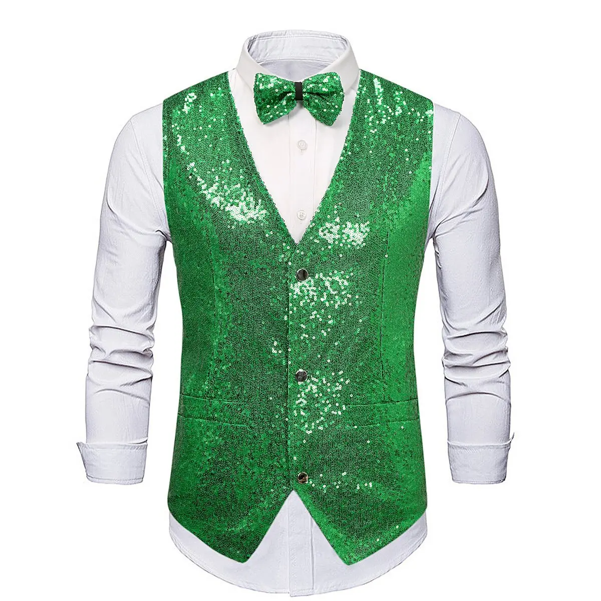 Shiny Green Sequin Sparkling Waistcoat Men Slim Fit V Neck 2 Pieces Mens Vest with Bowtie Wedding Party Stage Prom Costume Gilet