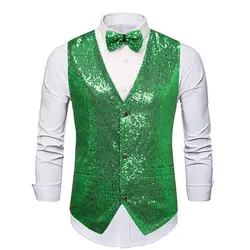 Shiny Green Sequin Sparkling Waistcoat Men Slim Fit V Neck 2 Pieces Mens Vest with Bowtie Wedding Party Stage Prom Costume Gilet