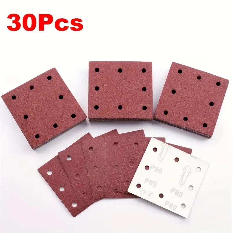 30 Peças de Lixas Quadradas com 8 Furos, Folhas de Lixa com Velcro, Granulação 60-600 para Ferramentas de Polimento de Madeira e Metal