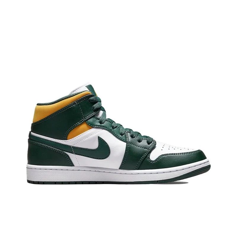 Original Air Jordan 1 Mid Seattle Supersonics High Top Retro Basketball Shoes Men\'s White Green Yellow Sneakers 554724-371