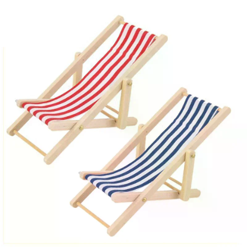 /GJ/1:12 Mini Foldable Wood Beach Chair Recliner Sunbathing Chair Chaise Dollhouse