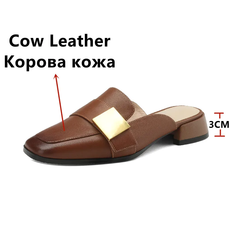 FEDONAS Women Sandals Genuine Leather Mules Metal Decoration Slippers Low Heels Square Toe Shoes Woman Spring Summer Casual