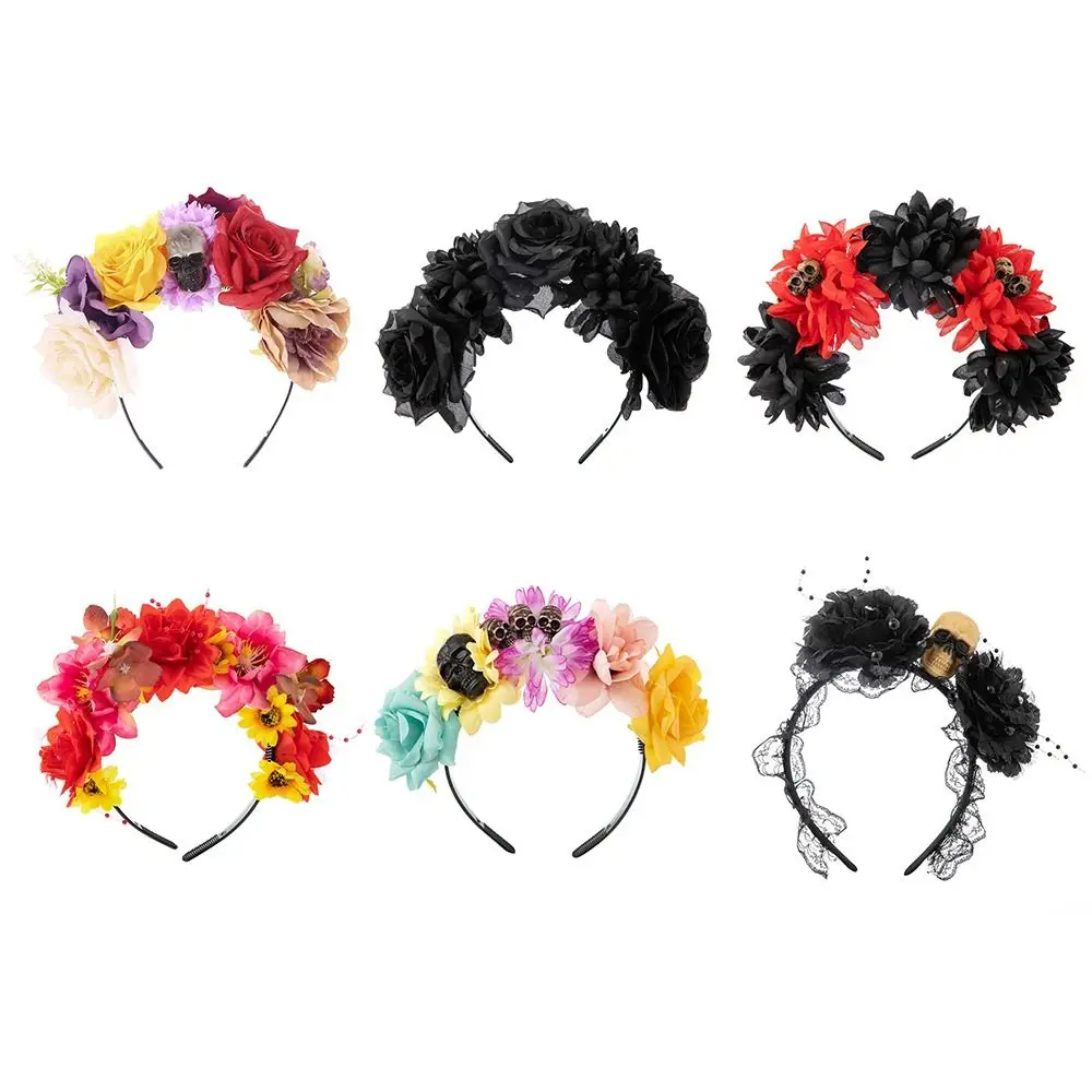 Colorful Day of The Dead Halloween Rose Flower Headband Black Veil Costume Cosplay Flower Headpiece Wedding Party Headwear Women