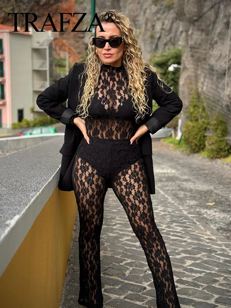 TRAFZA Women Sexy Lace Sets Elegant High Necked Long Sleeves Bodysuit Hollow Out Top Female Fashion Elastic Waist Long Pants