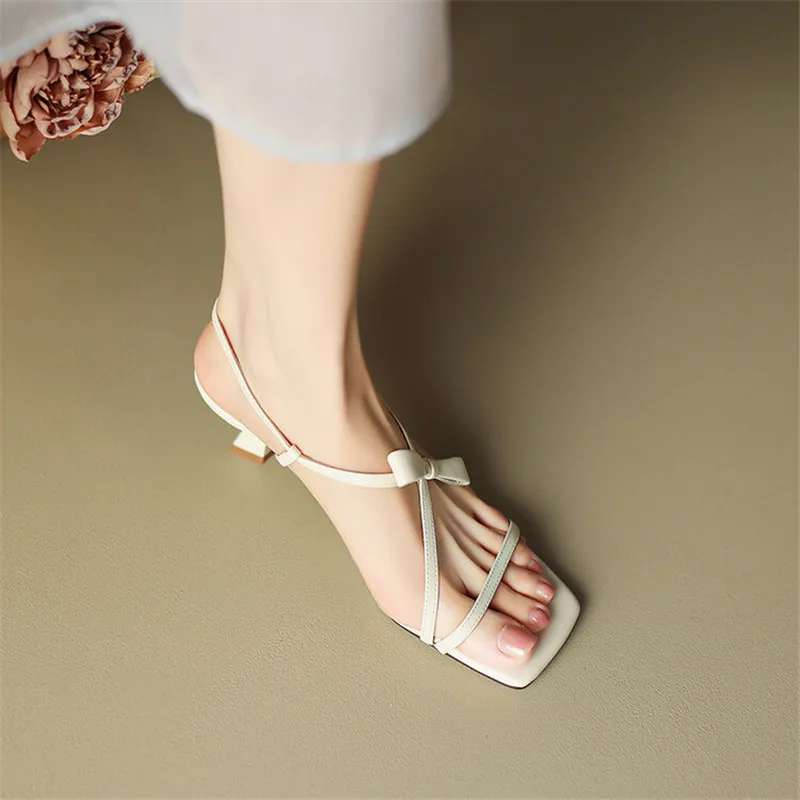 2023 Summer Sandals Women Split Leather Shoes Square Toe High Heels Bow Gladiator Shoes Sandals for Women Handmade Women Sandals