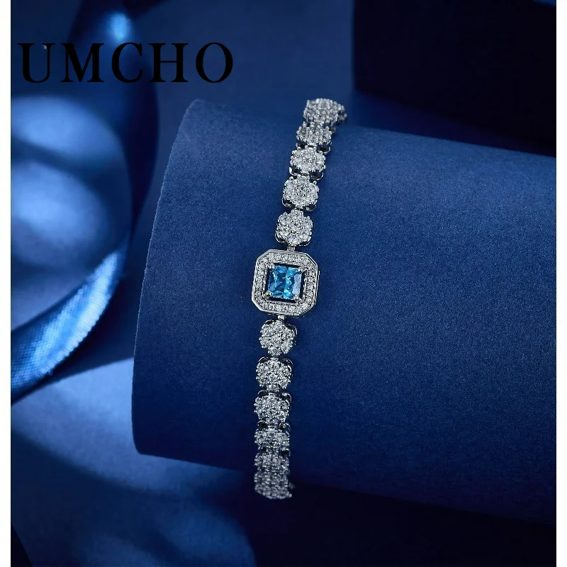 

Luxury Floral Link Bracelet, Halo Setting Square Blue Cubic Zirconia Accent, Full Clear CZ Sparkling Chain for Wedding Formal Occasion