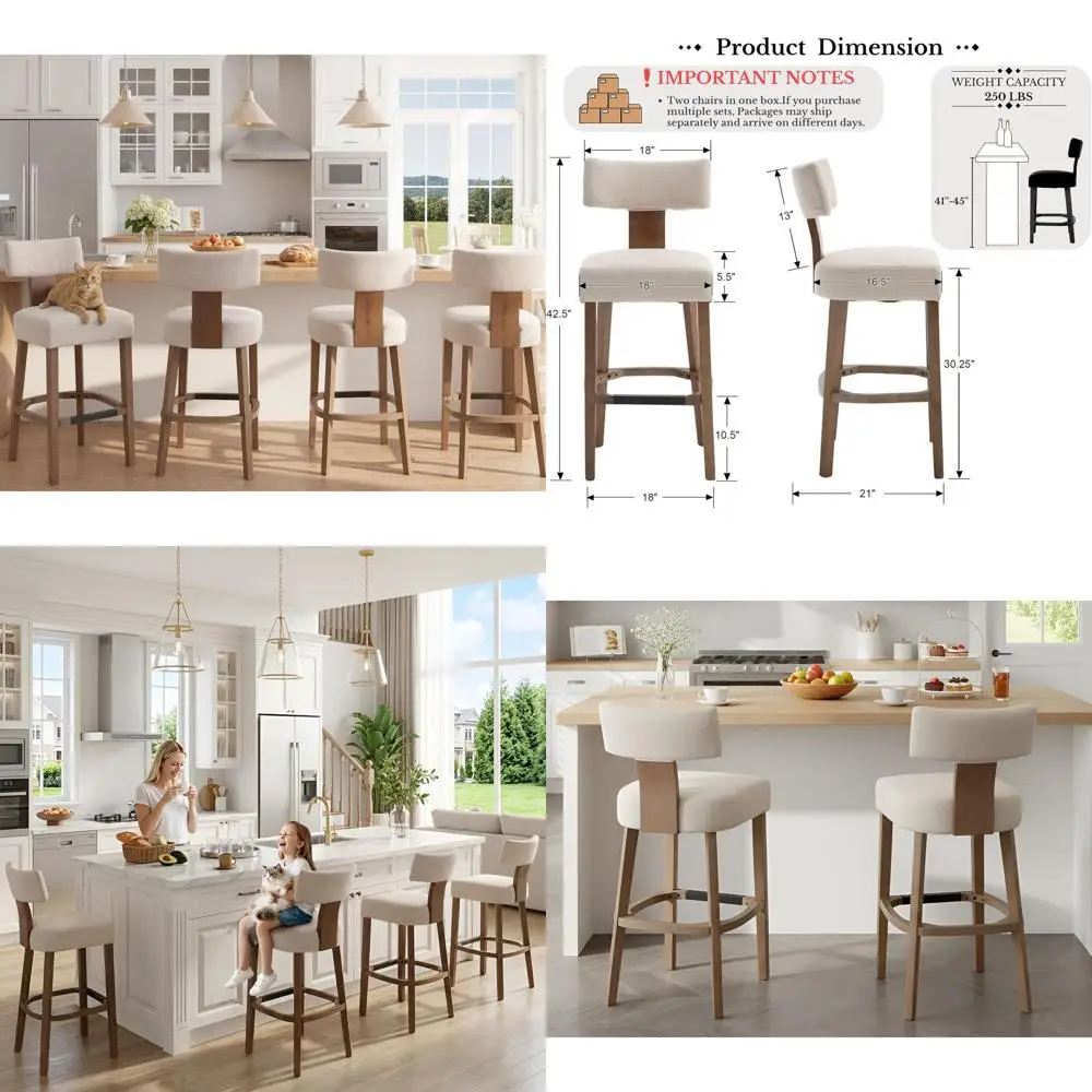 

Farmhouse 30'' Extra Tall Bar Stools Set of 2 Modern Counter Height Barstools with Backs Rustic Wood Bar Stools Linen Upholstere