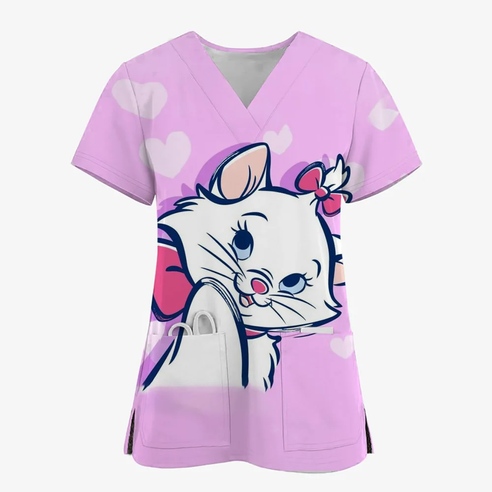 Disney-exfoliante médico con estampado de gato Mary para mujer, microstretch, cuello en V, enfermería Dental, pantalón corto informal, Tops de manga, Spa, veterinario, médico