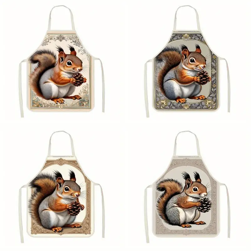 

Cute Squirrel Pattern Apron Linen Apron, Suitable For Kitchen Cooking, Parent-Child Interaction, Painting And Other Scenarios