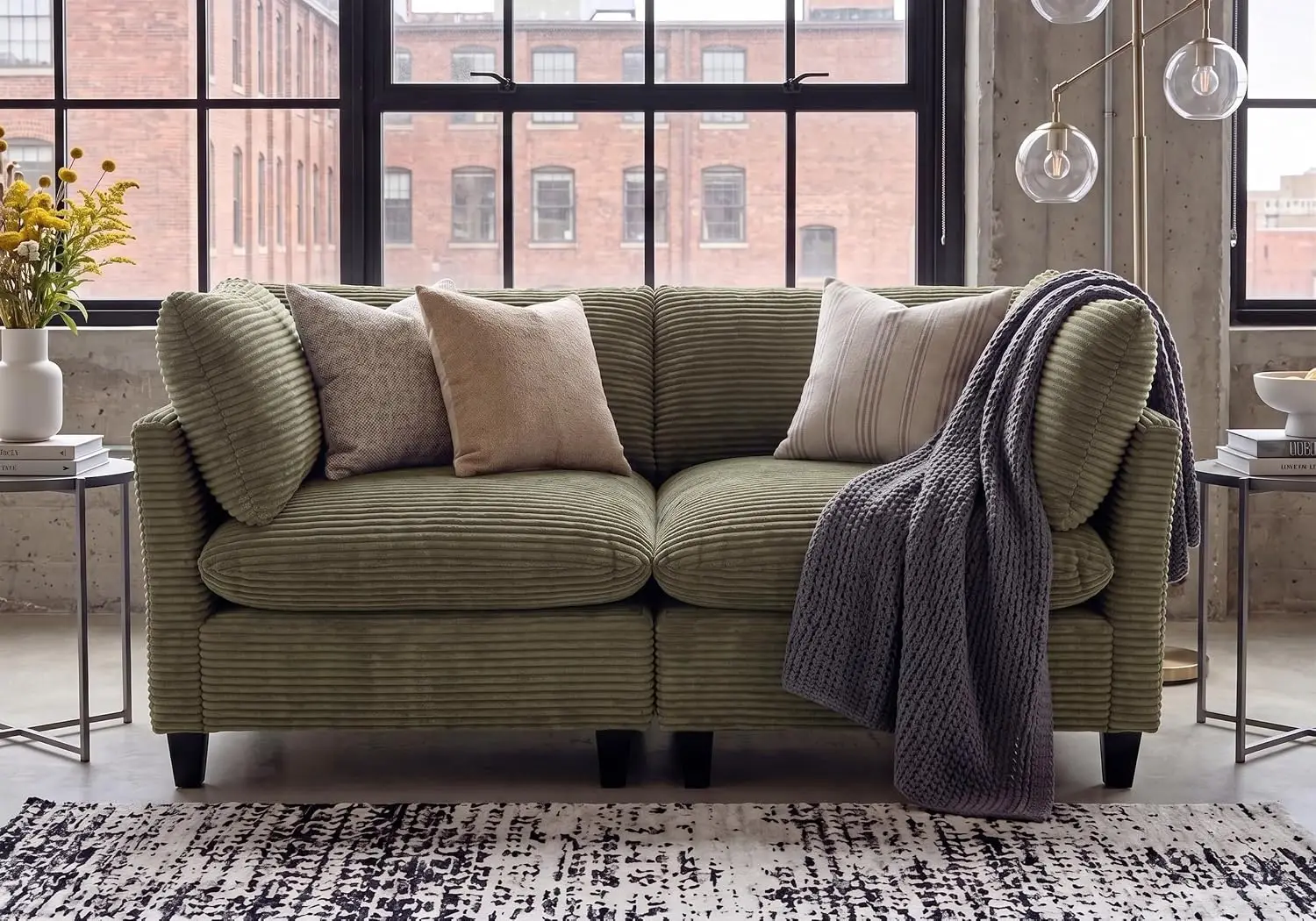 Oversized Modular Sectional Sofa, Deep Corduroy Cloud Seat, 2-Seater Living Room Furniture, Green, Customized