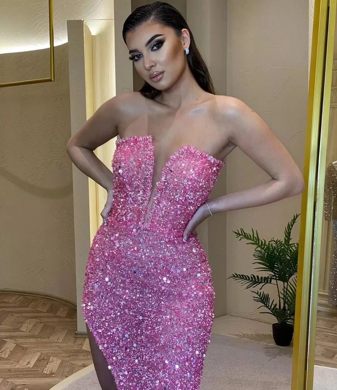 2023 árabe aso ebi rosa sparkly sexy vestidos de baile strapless split lantejoulas evento formal noivado vestidos de fieast