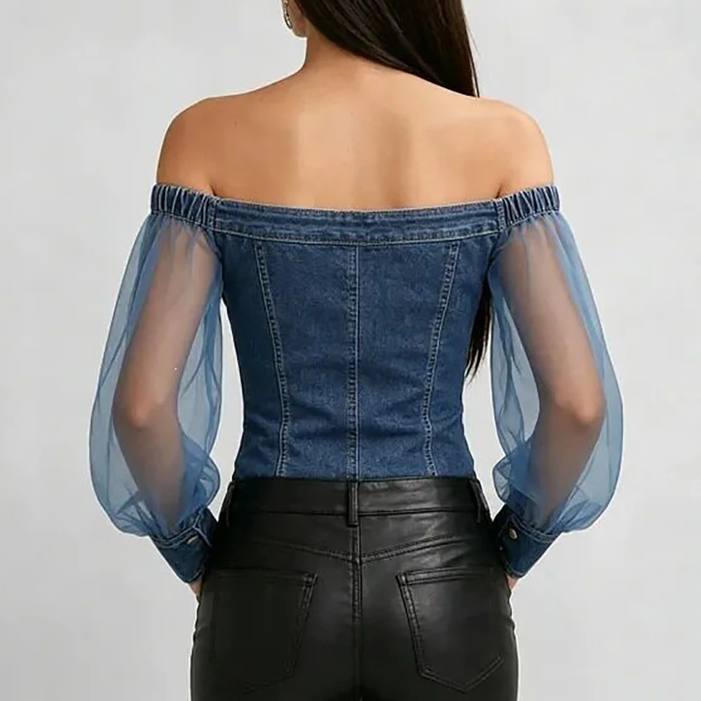 Women's SexySheer Mesh Off Shoulder Denim Blouse Elegant Single Breasted Gold Buttons Flap Pocket Slim Cropped Jean Shirt Tops