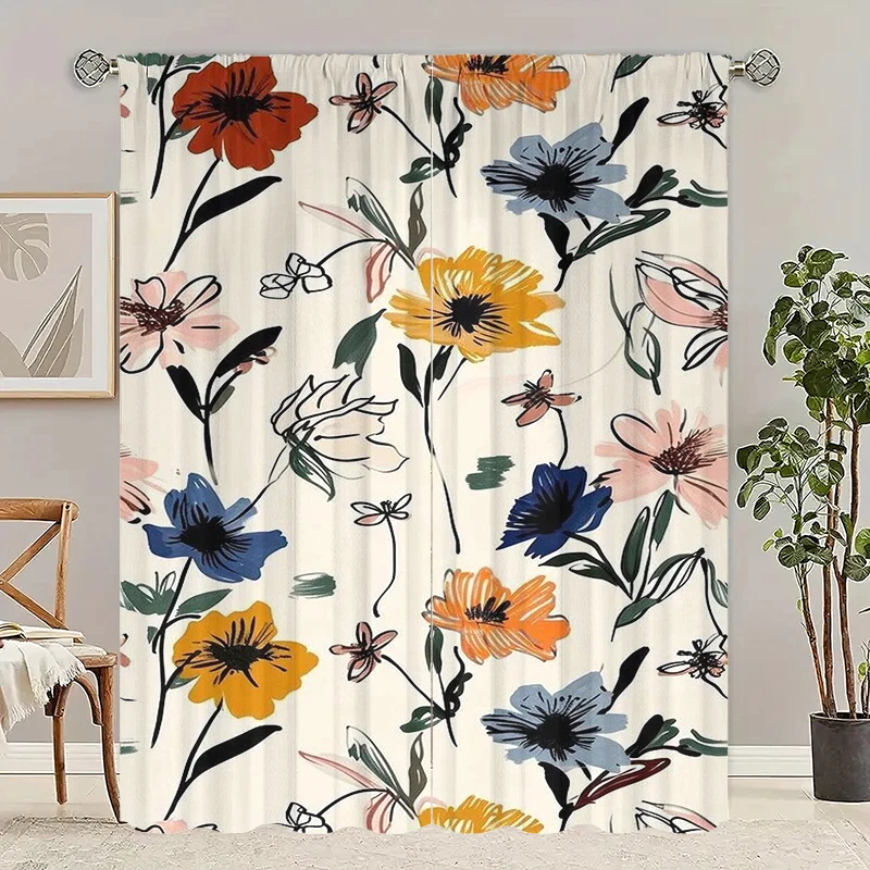 2Pcs- Dark flowers - printed curtains -100% polyester material, suitable for bedroom curtains and living room decoration;