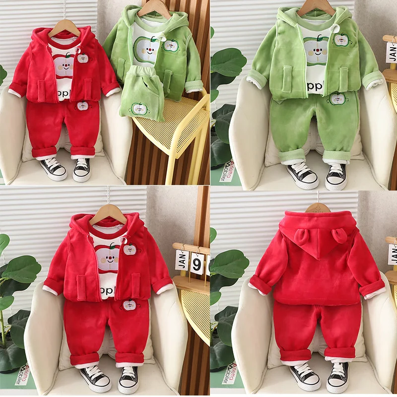 Children Warm Clothing Sets Winter Plus Velvet Thick 3Pcs Outfits Cartoon Bear Baby Boys Girls Sport Tracksuit Suits 1-4 Years