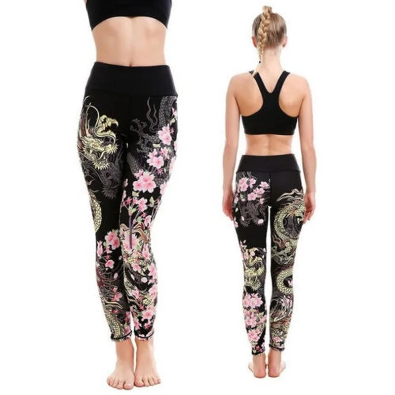 Women High Waist Elastic Waist Pants Leggings Trousers Yoga Sports Fitness Printing Leggings Slim Casual Sports Pants Women