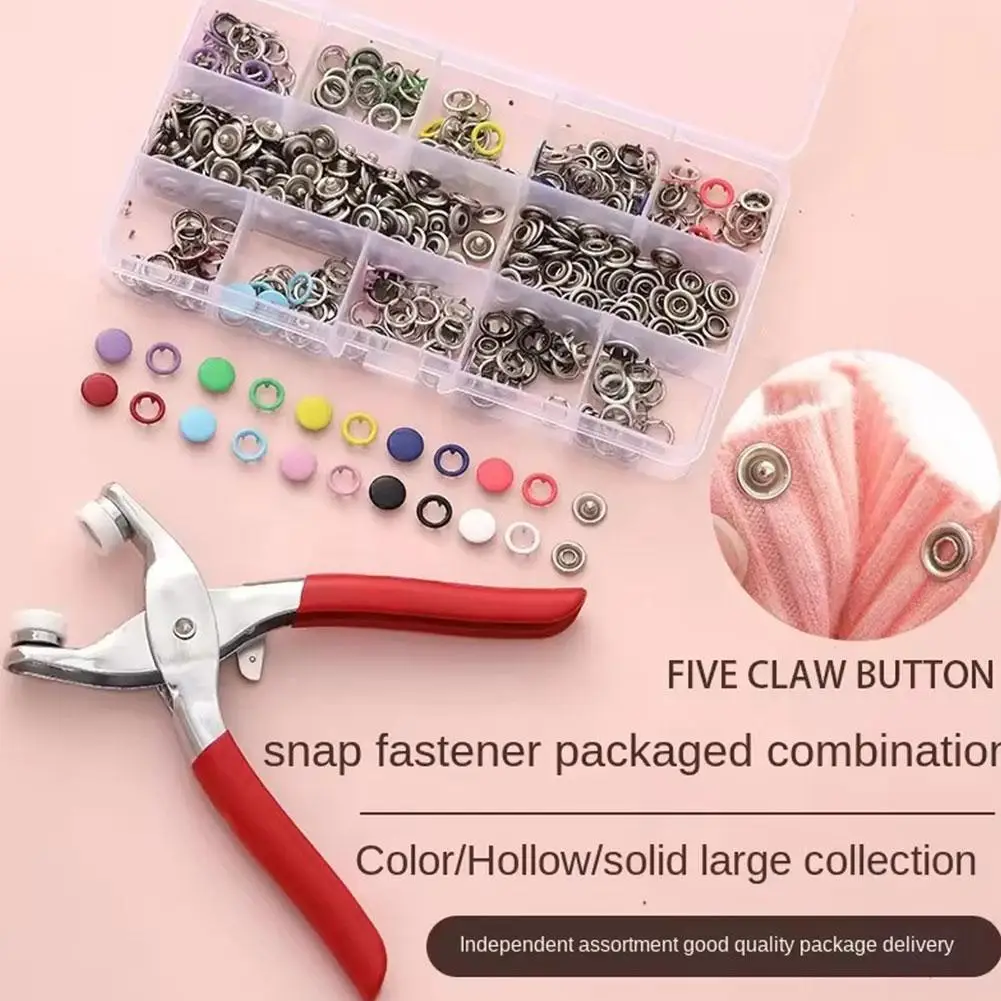 100pcs Button Kit With Hand Pressure Pliers Storage Box For DIY Crafts Clothes Hats Five Claw Buckle Installation Tool
