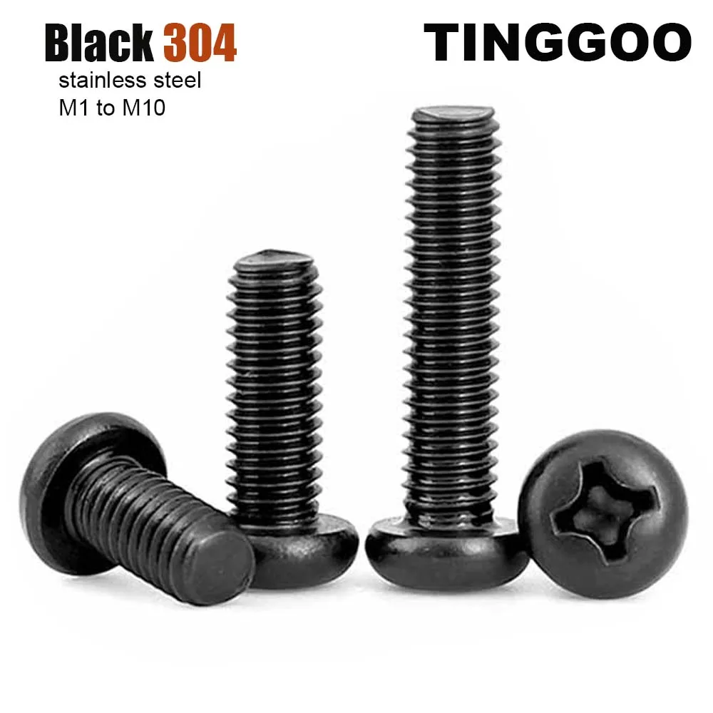 2/50Pcs M1 M1.2 M1.4 M1.6 M2 M2.5 M3 M4 M5 M6 M8 M10 GB818 Black 304 Stainless Steel Phillips Cross Pan Round Head Screw Bolt