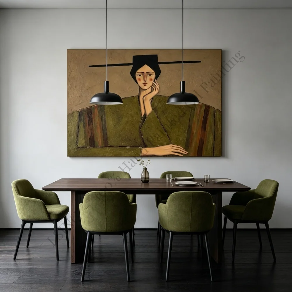 100% Hand Painted Oil Painting Canvas Wall Art Fashion Woman Minimalist Green Luxury Modern Textured Home Decor Living Room Art