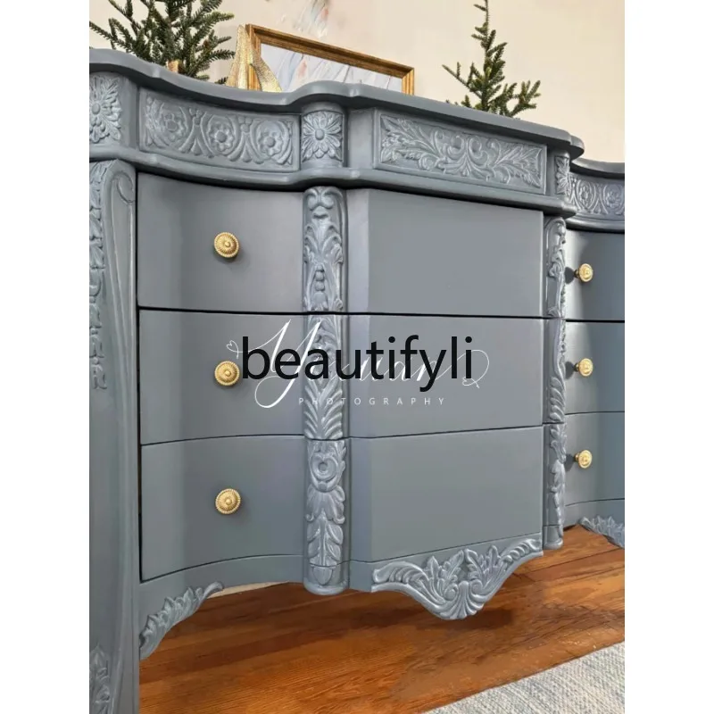 

53French solid wood carved living room against the wall dining side cabinet American storage cabinet furniture customization