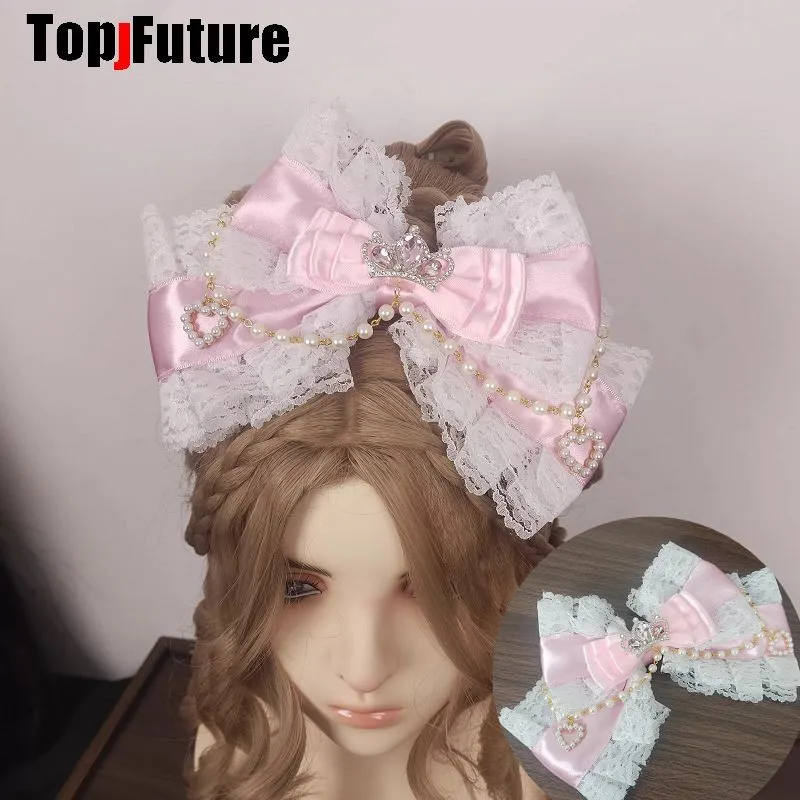 

Subculture Steampunk Women Japanese Harajuku Mars Gal Sweet Cool Crown Gothic Lace Bead Chain Rose Y2K girl Bow Top Hairpin