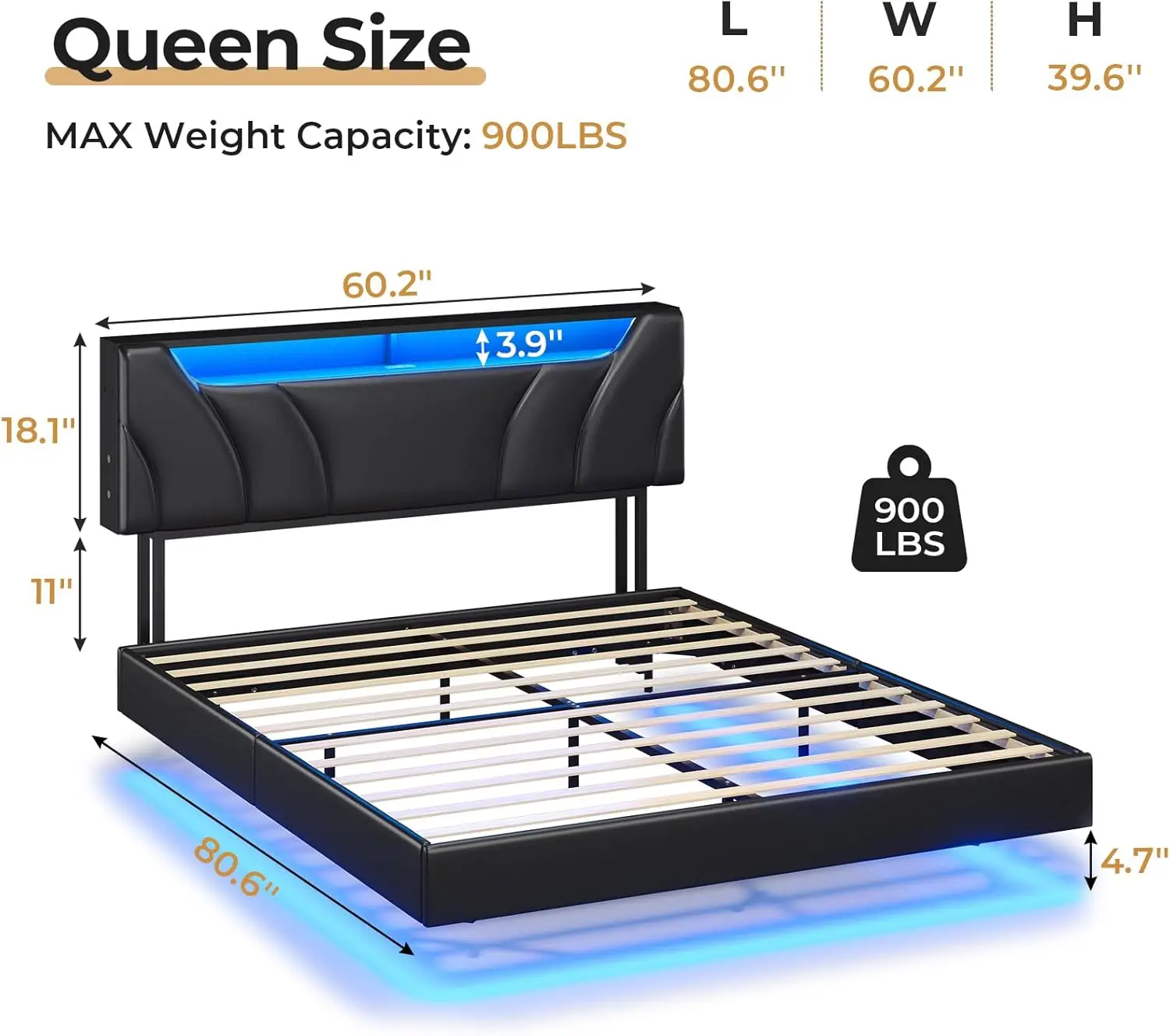 Large floating bed frame with storage headboard and LED light bed frame, with storage items, no need for box springs, black