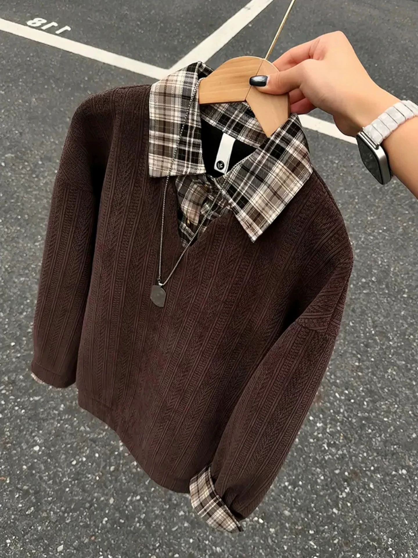 Long Sleeve Plaid Collar  Shirt Hoodie Men Spring Autumn American Old Money Loose Wheat Pattern Splicing Top