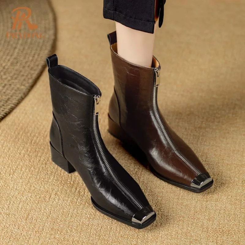 PRXDONG Genuine Leather Shoes 2024 New Fashion Autumn WInter Warm ANkle Boots Black Brown Zipper Dress Party Office Lady SHoes