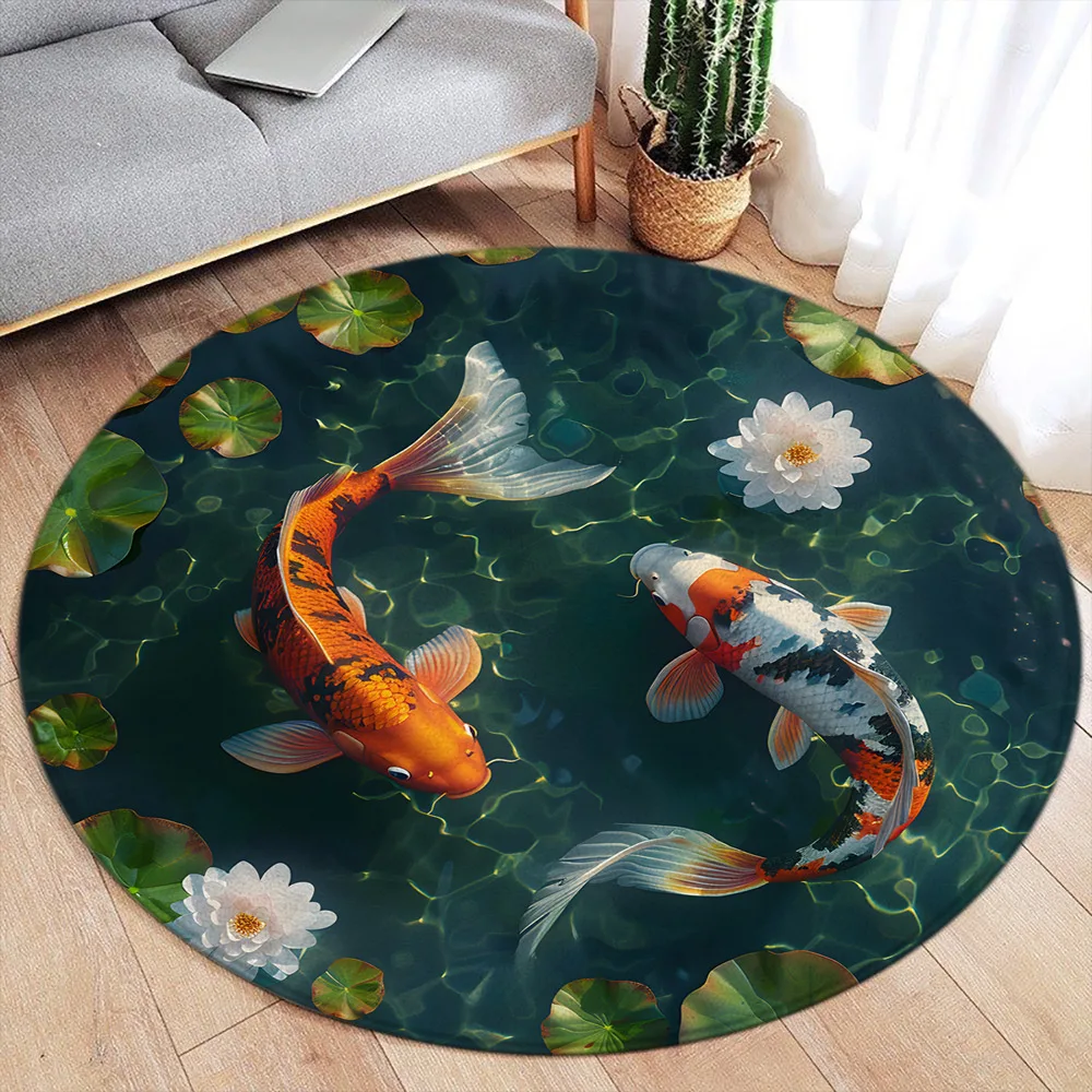 Koi Japanese Style Round Rug Red Fish Pond Lotus Flower Cherry Blossom Bedroom Living Room Home Carpet Decor Round Area Rug