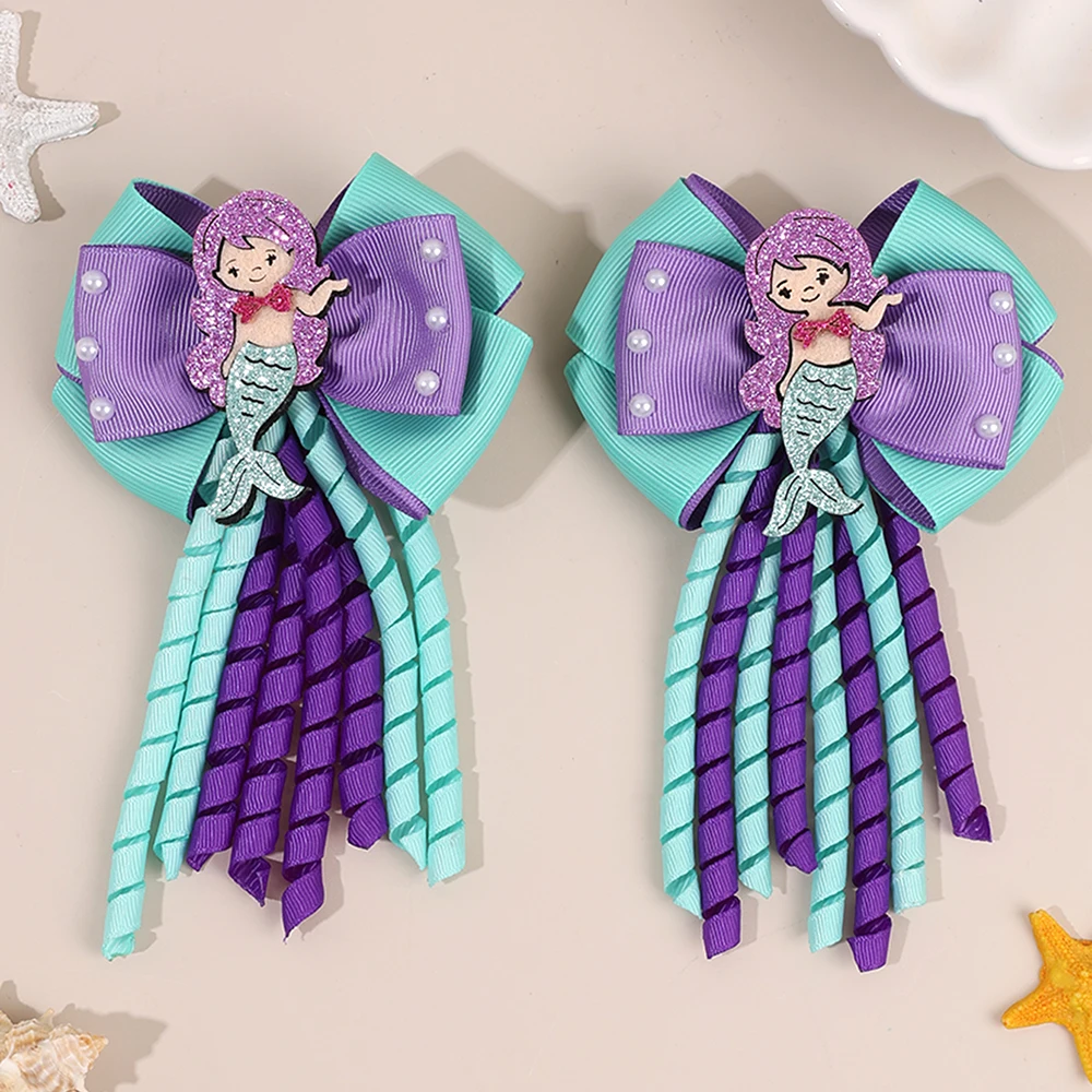 2Pcs Girls Mermaid Bow Hair Clips Cute Cartoon Mermaid Pearls Hairpins Octopus Curled Grosgrain Ribbon Barrette Hair Accessories