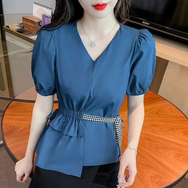 Woman Spring Autumn Style Blouses Shirts Lady Casual Short Sleeve V-Neck Solid Color Blusas Tops G2673