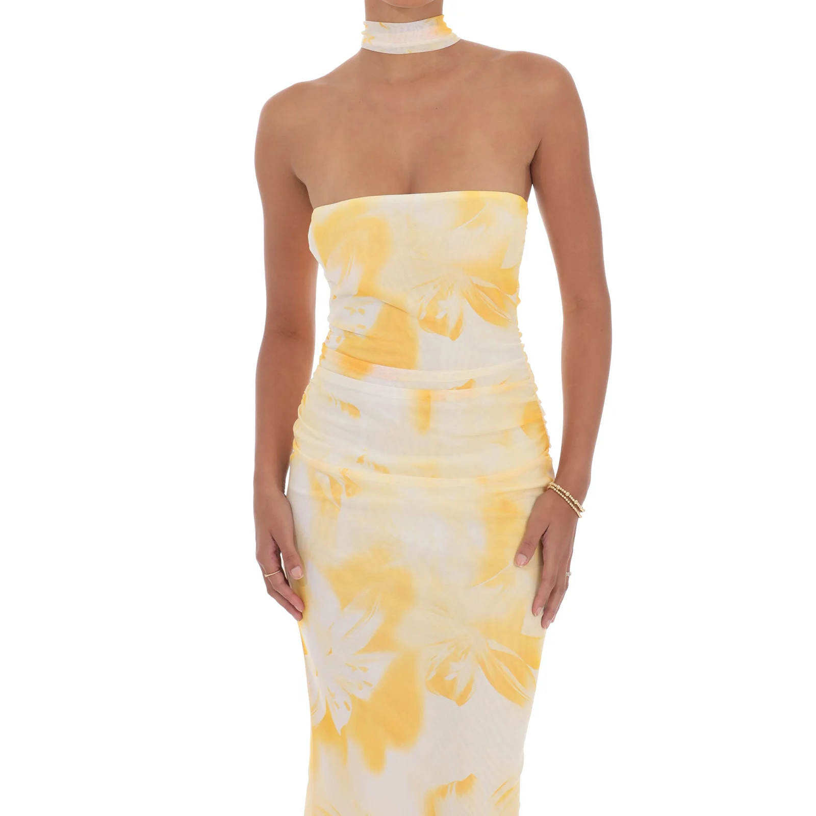 Abiti lunghi da donna con top a tubo estivo, motivo floreale, senza spalline, senza spalline, vestibilità slim, senza maniche, in rete con sciarpa al collo