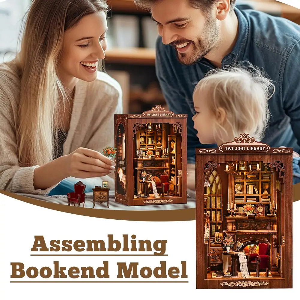 3D Wooden Miniature Library Shimmering Bookcase DIY Cabin Bookend Model Three-dimensional Hand-assembled Home Desk Ornaments
