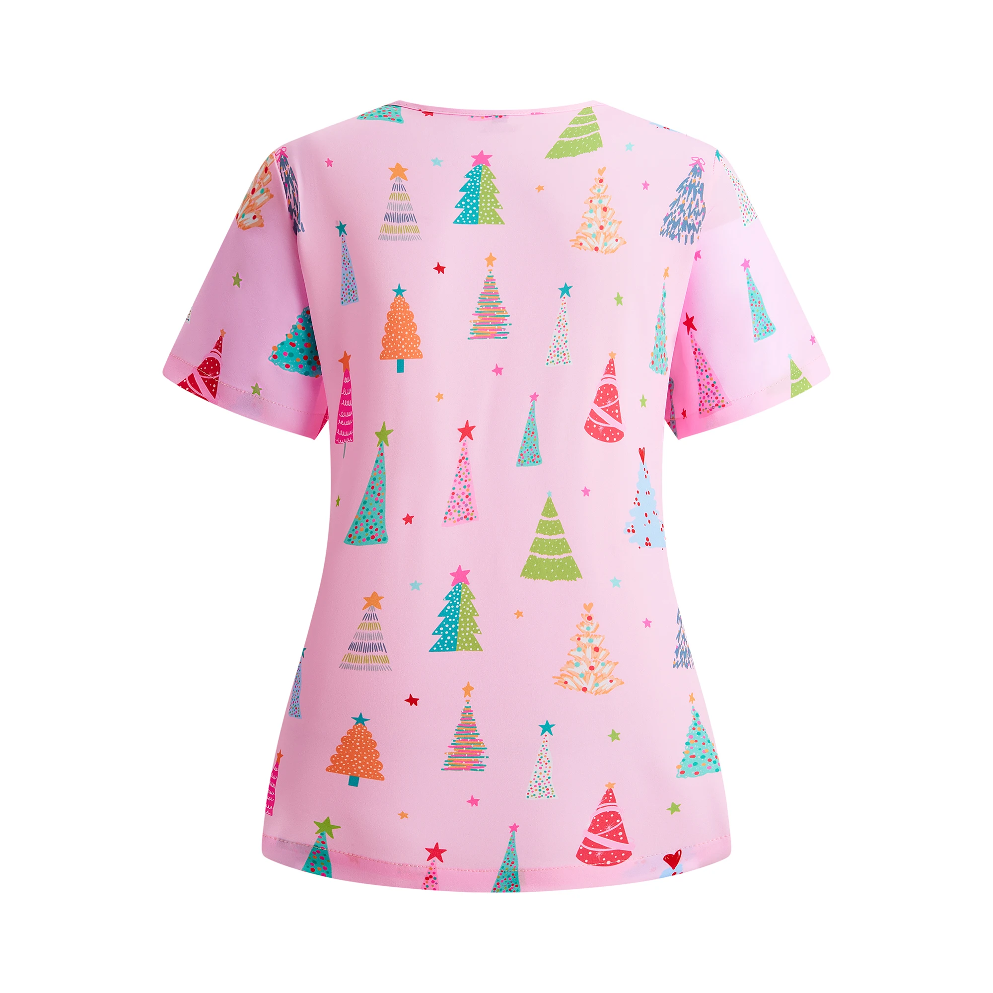 【Natale】 Top Scrub da donna Rosa World Trees Stampa Vacanza per Infermiere Ospedale Abbigliamento da lavoro Uniformi chirurgiche per cartoni animati