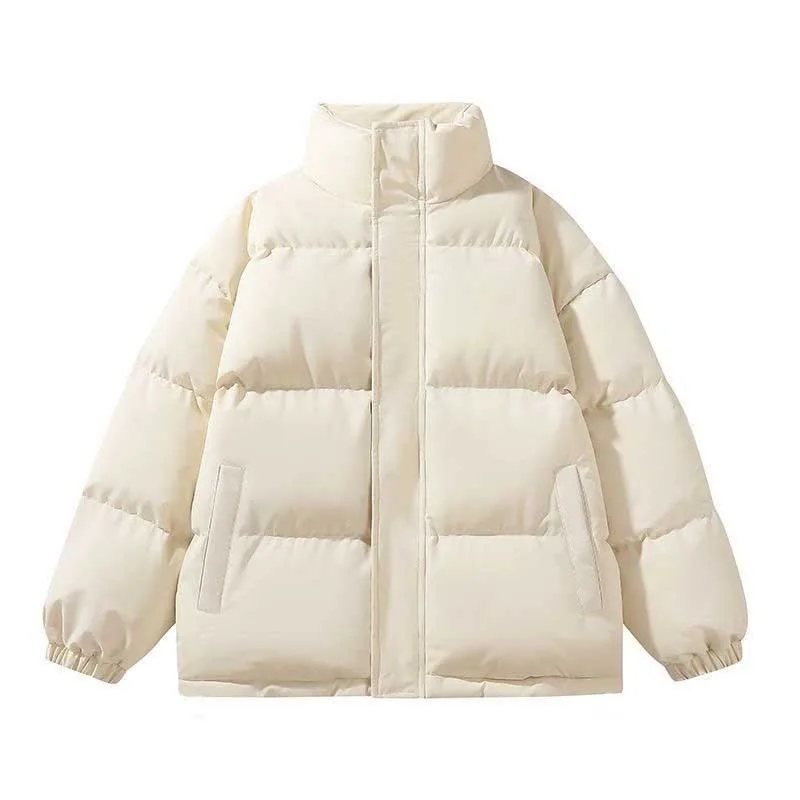 الشتاء Thiened أسفل Jaet ملابس خارجية للرجال مع غطاء محرك السيارة فضفاضة تناسب الدافئة لون نقي زوجين القطن معطف مبطّن الوقوف طوق