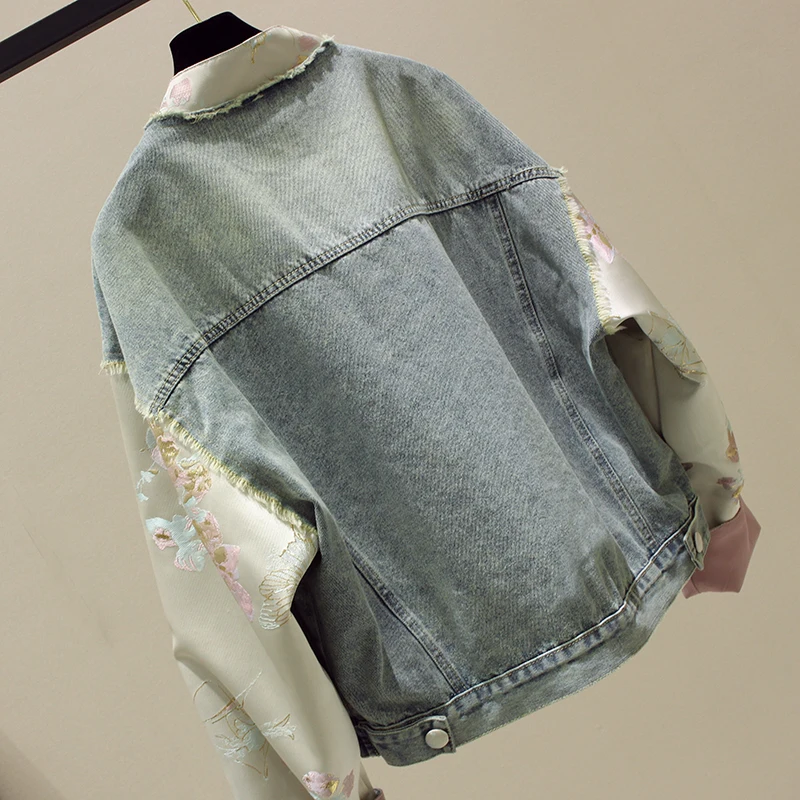 Women's Spring Autumn National Style Embroidery Denim Jacket Streetwear Fashion Korean Splice Cowboy Outwear Female Basic Coat