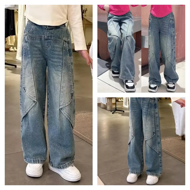 

Популярные кавайные брюки для девочек, модные студенческие весенне-осенние аниме, повседневные широкие джинсы с эластичной резинкой на талии, детская одежда