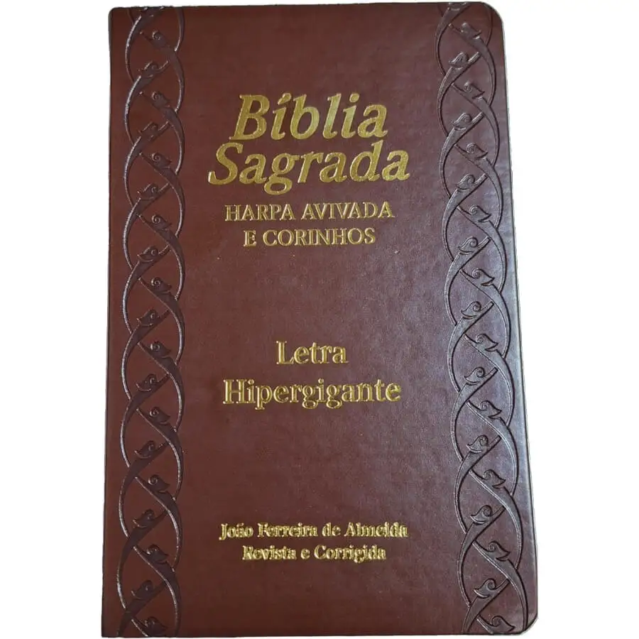 Holy Bible With Avivated Harp and Corinhos Letter Hypergiant Almeida Magazine and Fixed Brown Luxury PU Cover