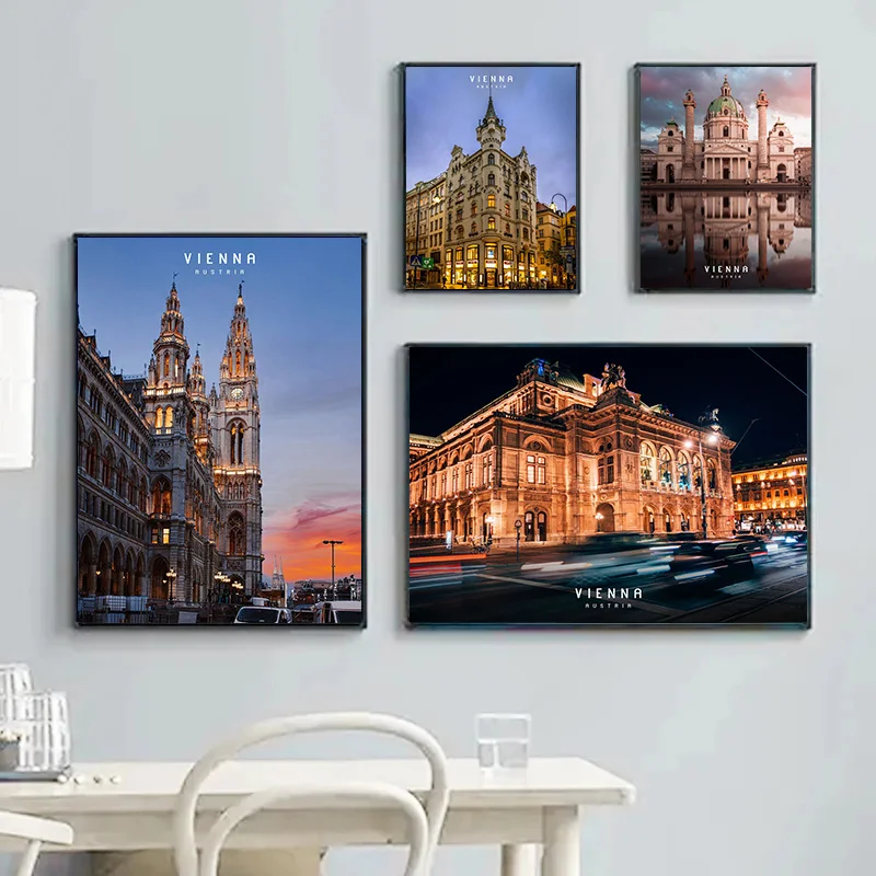 ملصقات مناطق ذات مناظر خلابة في المدن الشهيرة ، لوحة قماشية مطبوعة ، فن جدران بناء فيينا ، صور لغرفة المعيشة ، ديكور المنزل #5