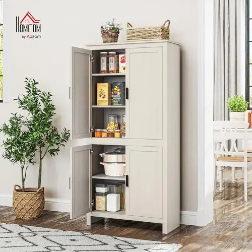64' Kitchen Pantry Cabinet, Freestanding with 4 Doors, 3 Adjustable Shelves, Antique White