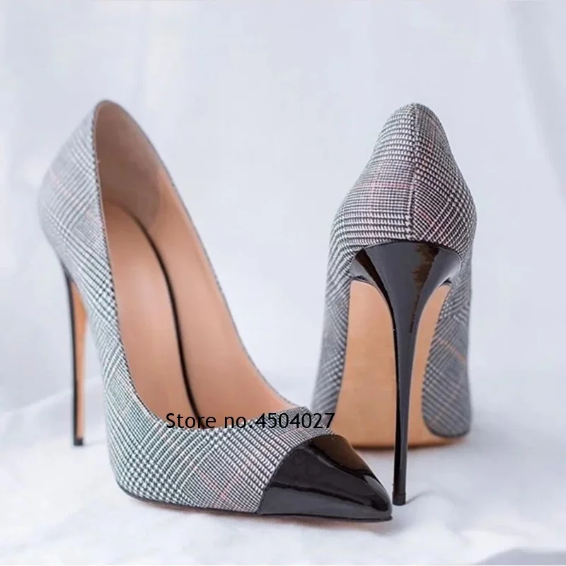 

Grid Cloth Pointed Toe Black Patent Leather Thin High Heels Shallow Dress Pumps Patchwork Women's Stiletto Shoes