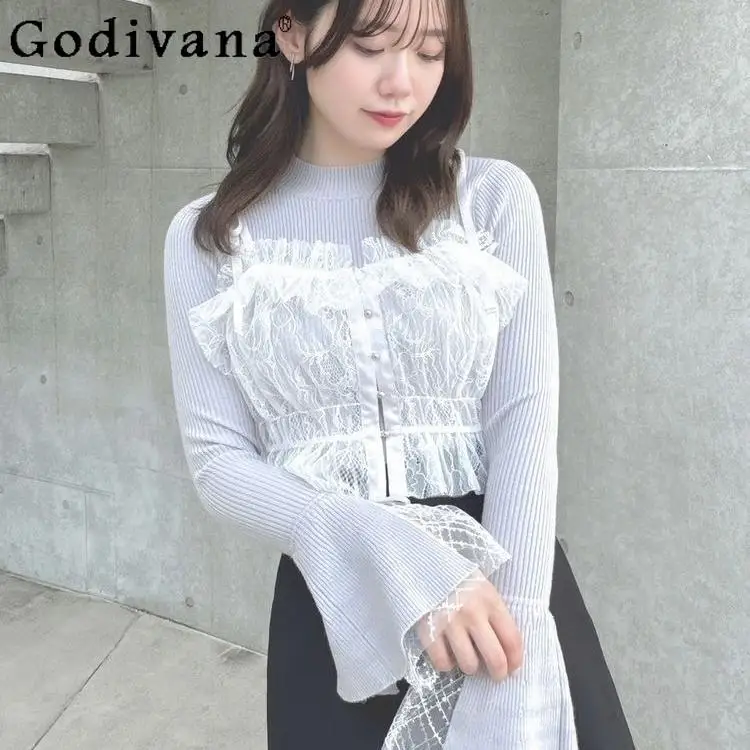 

Autumn and Winter Solid Color Sweater for Women Japanese Girls Sweet Lace Splicing Heavy Industry Flare Sleeve Inside Sweaters