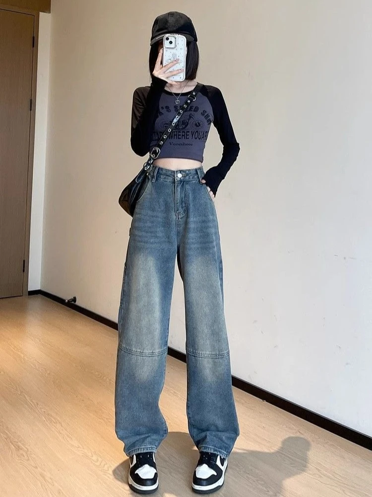 

Women's Denim Harem Pants Vintage Style High-Waist Loose Fit Cargo for Pear-Shaped Body Spring-Autumn Trendy Fashion