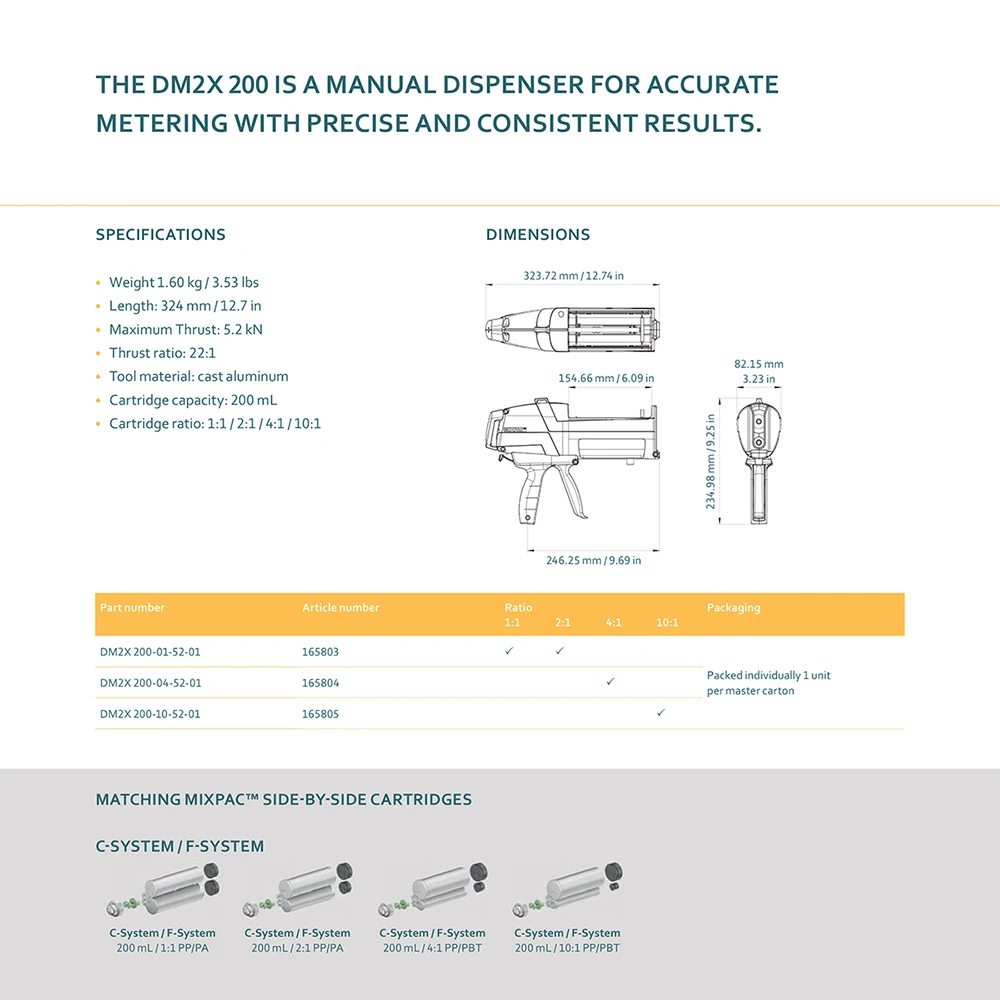 Dispenser Sulzer Mixpac DM2X 200-01-52-01 per pistola per colla manuale a 2 componenti 1:1 da 200ML